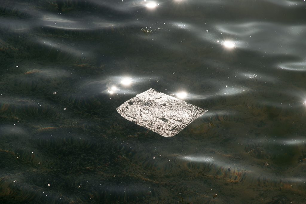 A sheet of plastic floating in a glistening ocean.