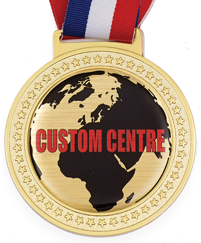 100mm gold medal with a star border, red white & blue ribbon and an image showing you where to place your custom artwork.