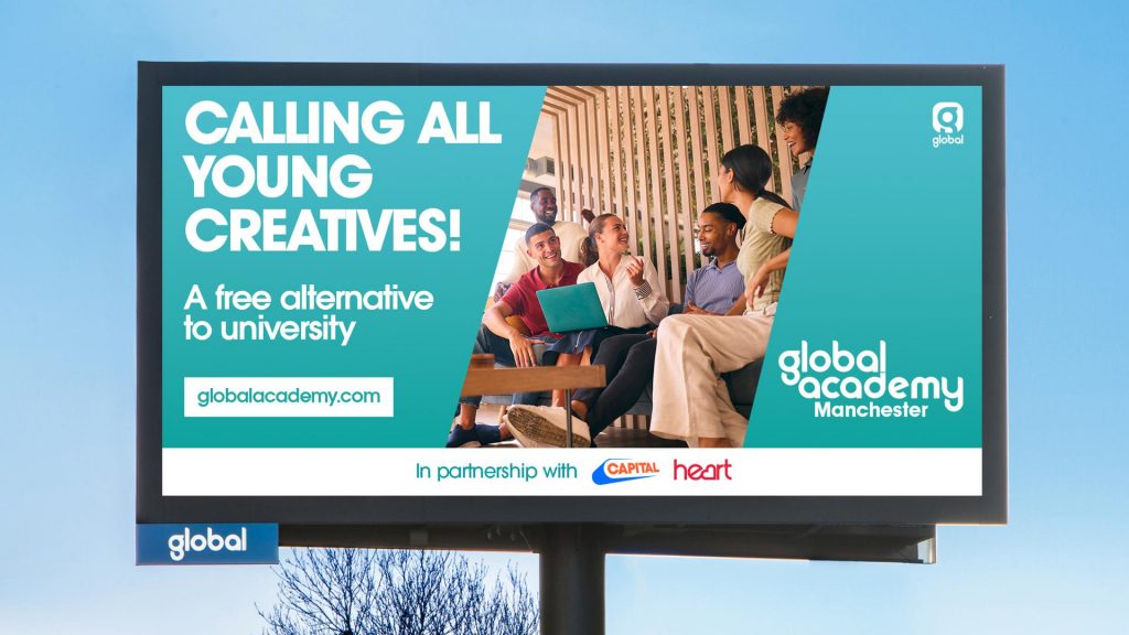 Billboard with Global Academy advert with sentence, 'Calling all young creatives!'
