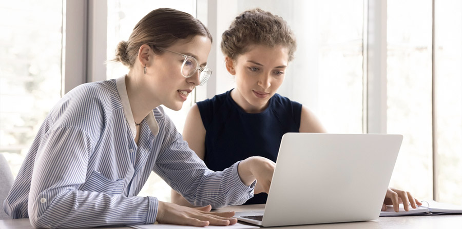 apprentice and employer working on laptop apprenticeships
