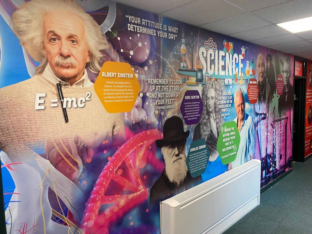 wall graphic with Albert Einstein with equations around him with the text title science and multiple famous figures around him