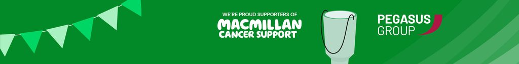 Graphic green banner with Pegasus Group logo and text that states 'we're proud sponsers of Macmillan Cancer Support