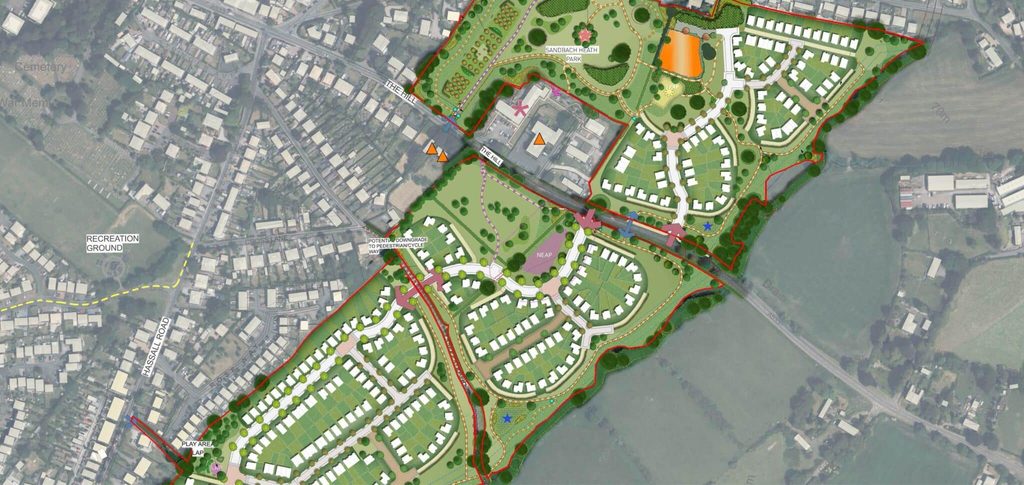 Masterplan of a residential development with homes, green spaces and walking routes.